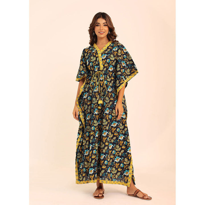 Kaori By Shreya Navy Blue & Yellow Printed Relaxed Cotton Kaftan Kurta with Waist Dori