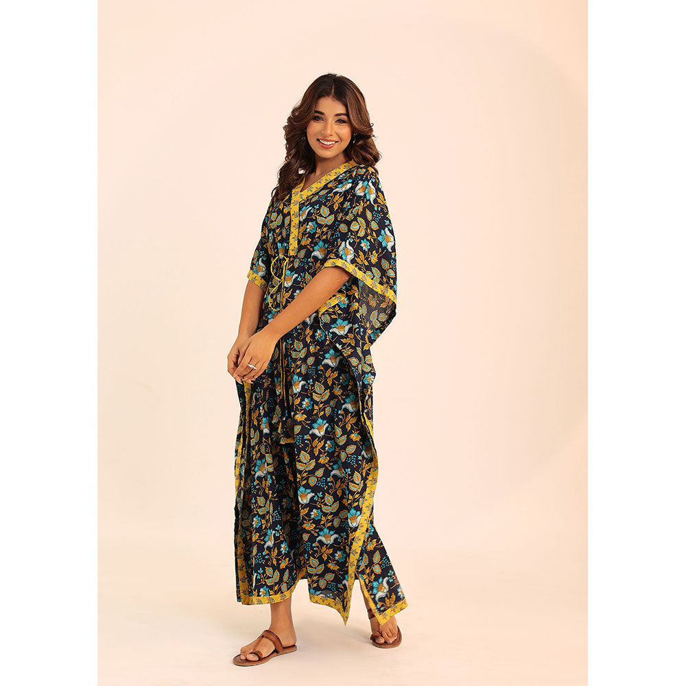 Kaori By Shreya Navy Blue & Yellow Printed Relaxed Cotton Kaftan Kurta with Waist Dori