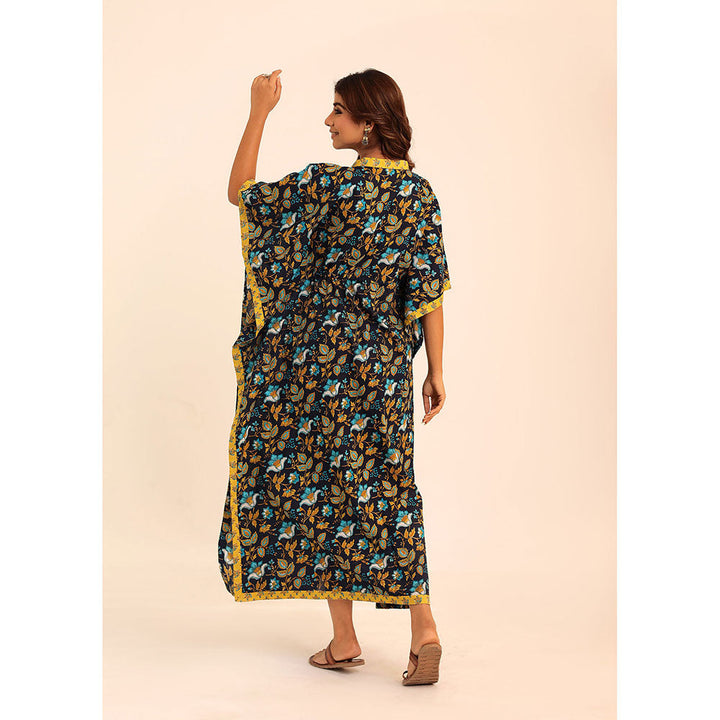 Kaori By Shreya Navy Blue & Yellow Printed Relaxed Cotton Kaftan Kurta with Waist Dori