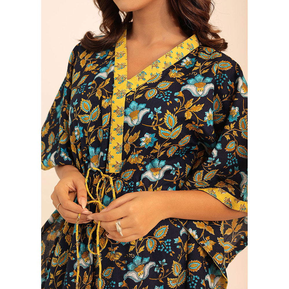 Kaori By Shreya Navy Blue & Yellow Printed Relaxed Cotton Kaftan Kurta with Waist Dori