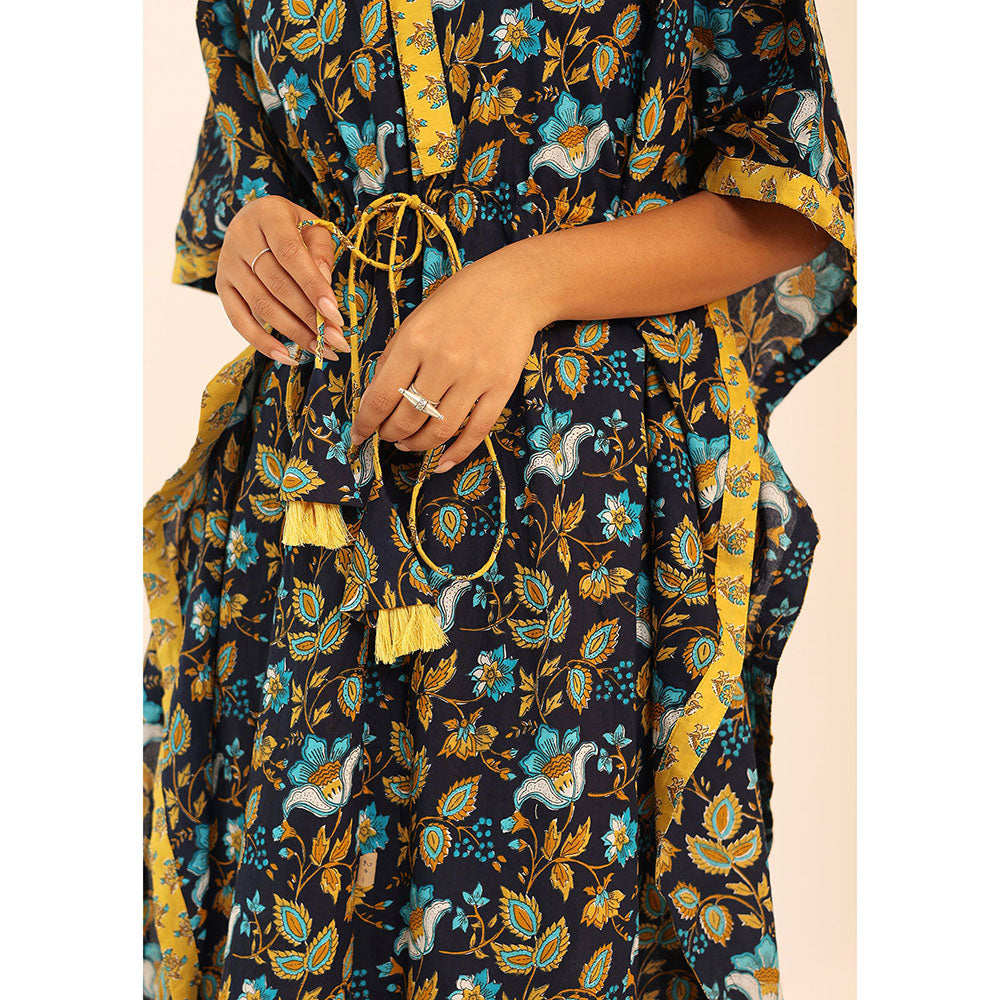 Kaori By Shreya Navy Blue & Yellow Printed Relaxed Cotton Kaftan Kurta with Waist Dori