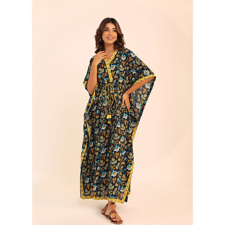 Kaori By Shreya Navy Blue & Yellow Printed Relaxed Cotton Kaftan Kurta with Waist Dori