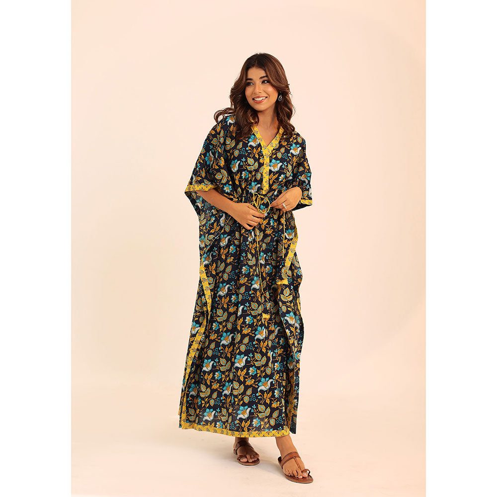 Kaori By Shreya Navy Blue & Yellow Printed Relaxed Cotton Kaftan Kurta with Waist Dori