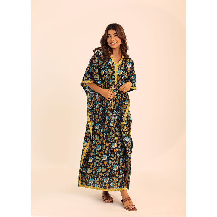 Kaori By Shreya Navy Blue & Yellow Printed Relaxed Cotton Kaftan Kurta with Waist Dori