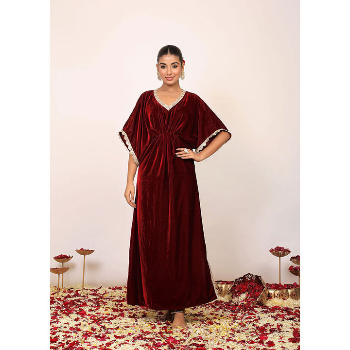 Kaori By Shreya Western Maroon Velvet Kaftan Kurta with Elbow Length Sleeves