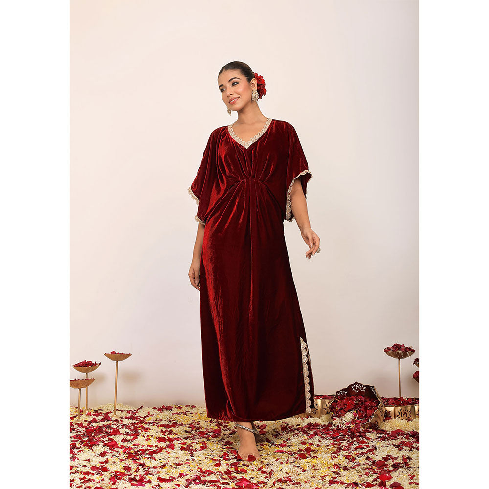 Kaori By Shreya Western Maroon Velvet Kaftan Kurta with Elbow Length Sleeves