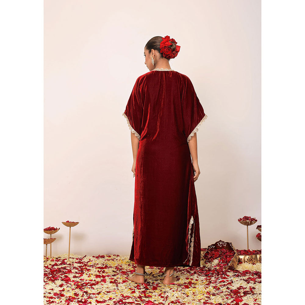 Kaori By Shreya Western Maroon Velvet Kaftan Kurta with Elbow Length Sleeves