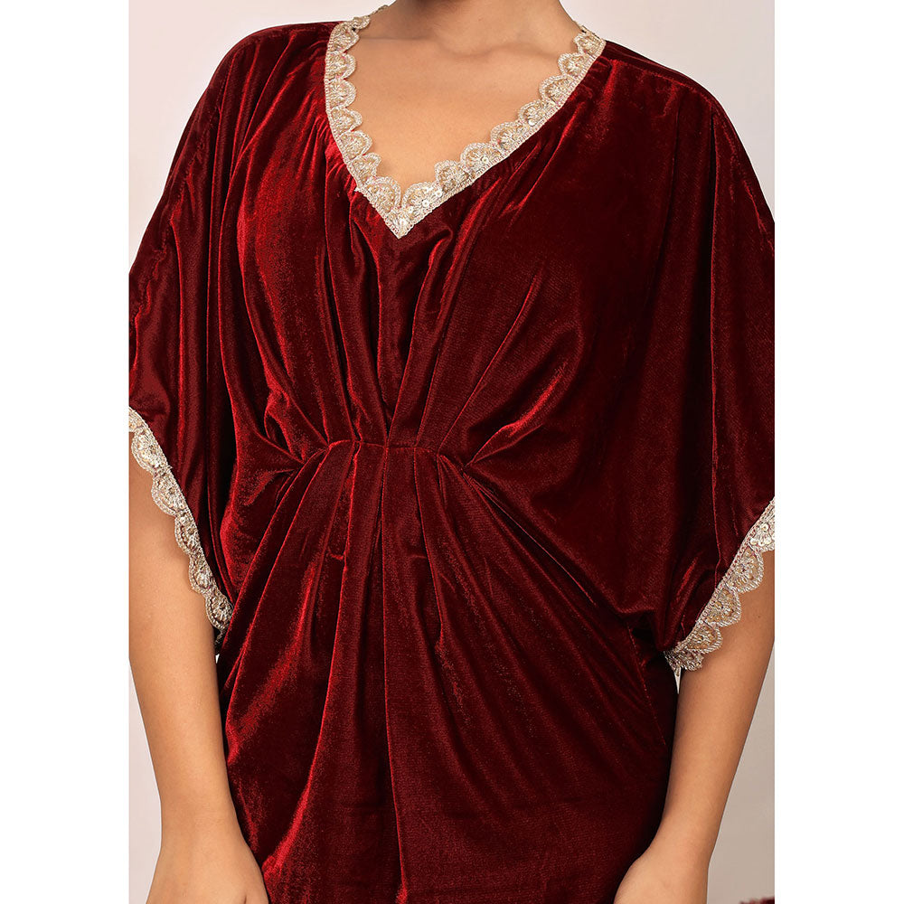 Kaori By Shreya Western Maroon Velvet Kaftan Kurta with Elbow Length Sleeves