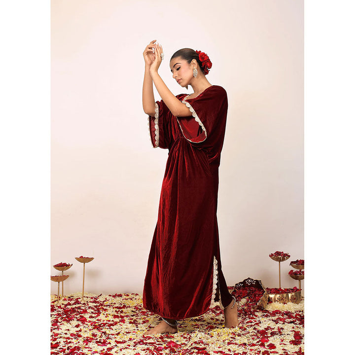 Kaori By Shreya Western Maroon Velvet Kaftan Kurta with Elbow Length Sleeves