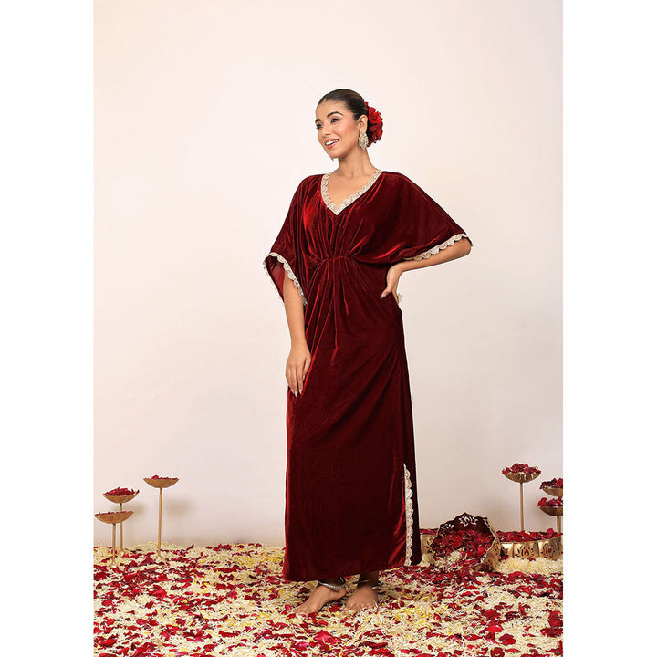 Kaori By Shreya Western Maroon Velvet Kaftan Kurta with Elbow Length Sleeves