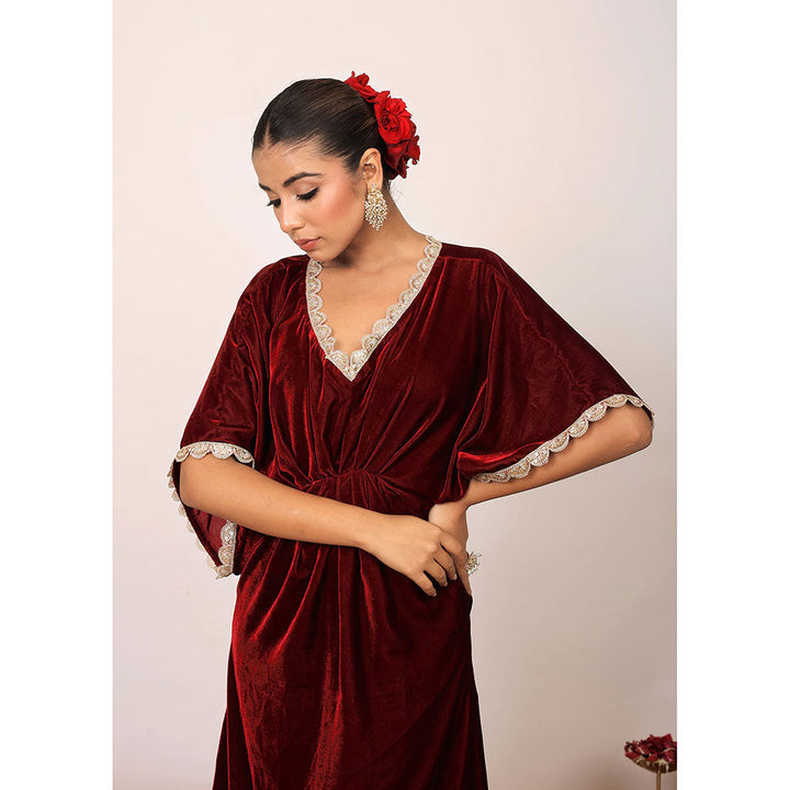 Kaori By Shreya Western Maroon Velvet Kaftan Kurta with Elbow Length Sleeves