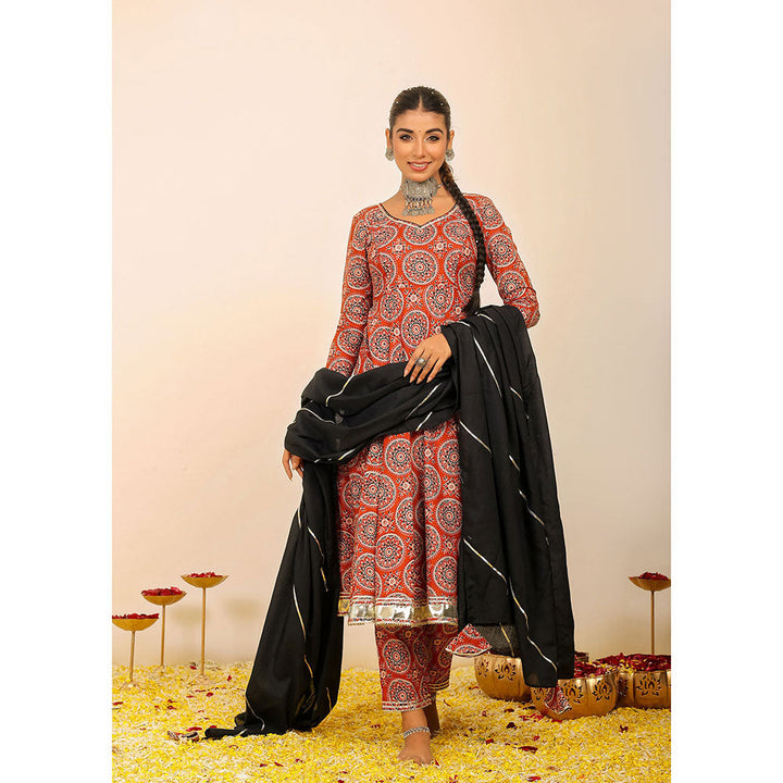 Kaori By Shreya Red Printed Anarkali Suit with Pant & Black Dupatta (Set of 3)