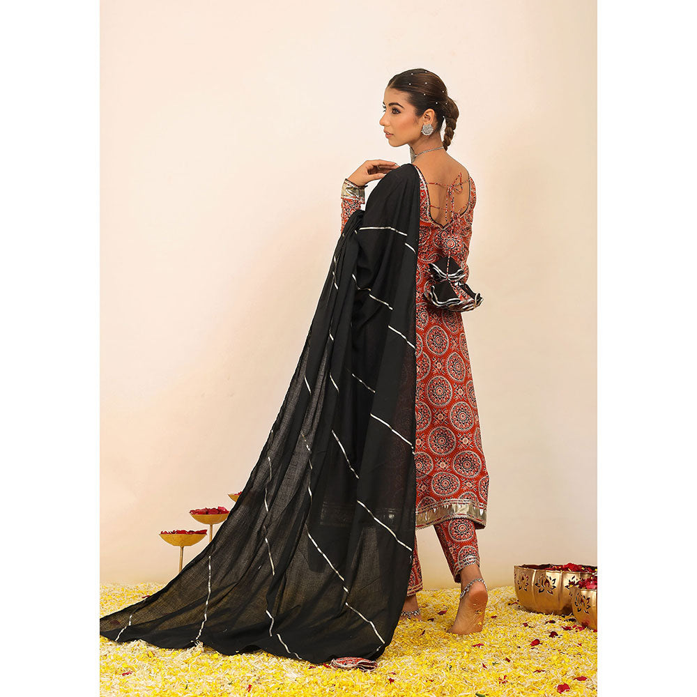 Kaori By Shreya Red Printed Anarkali Suit with Pant & Black Dupatta (Set of 3)