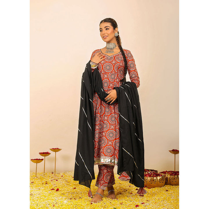 Kaori By Shreya Red Printed Anarkali Suit with Pant & Black Dupatta (Set of 3)