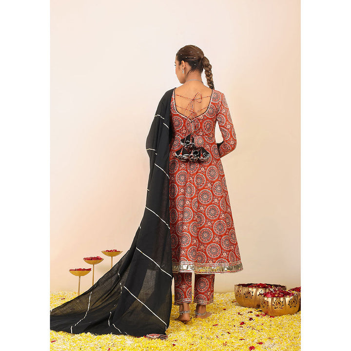 Kaori By Shreya Red Printed Anarkali Suit with Pant & Black Dupatta (Set of 3)