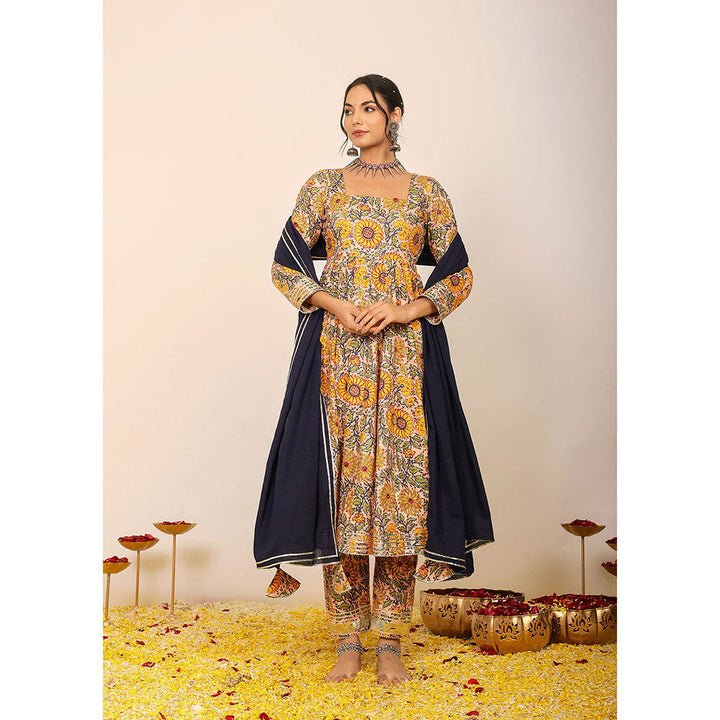 Kaori By Shreya Yellow Floral Anarkali Suit with Pant & Black Dupatta (Set of 3)