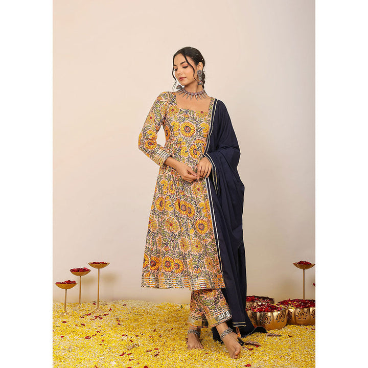 Kaori By Shreya Yellow Floral Anarkali Suit with Pant & Black Dupatta (Set of 3)