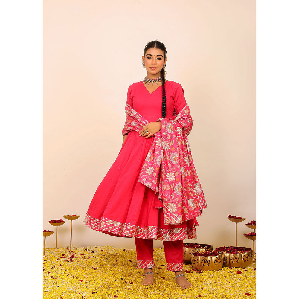 Kaori By Shreya Rani Pink Solid Anarkali Suit with Pant & Printed Dupatta (Set of 3)