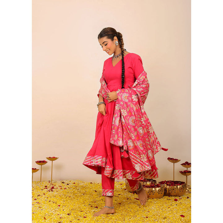 Kaori By Shreya Rani Pink Solid Anarkali Suit with Pant & Printed Dupatta (Set of 3)