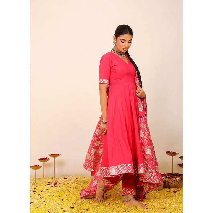 Kaori By Shreya Rani Pink Solid Anarkali Suit with Pant & Printed Dupatta (Set of 3)