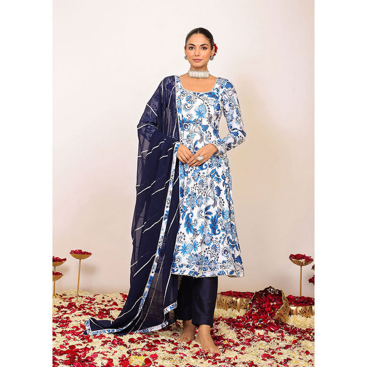 Kaori By Shreya Blue & White Floral Anarkali Suit with Pant & Dark Blue Dupatta (Set of 3)