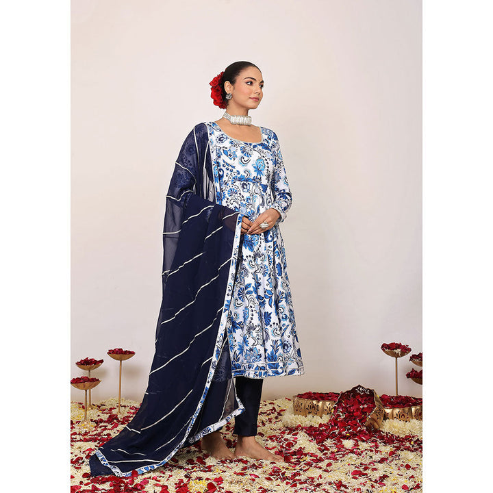 Kaori By Shreya Blue & White Floral Anarkali Suit with Pant & Dark Blue Dupatta (Set of 3)