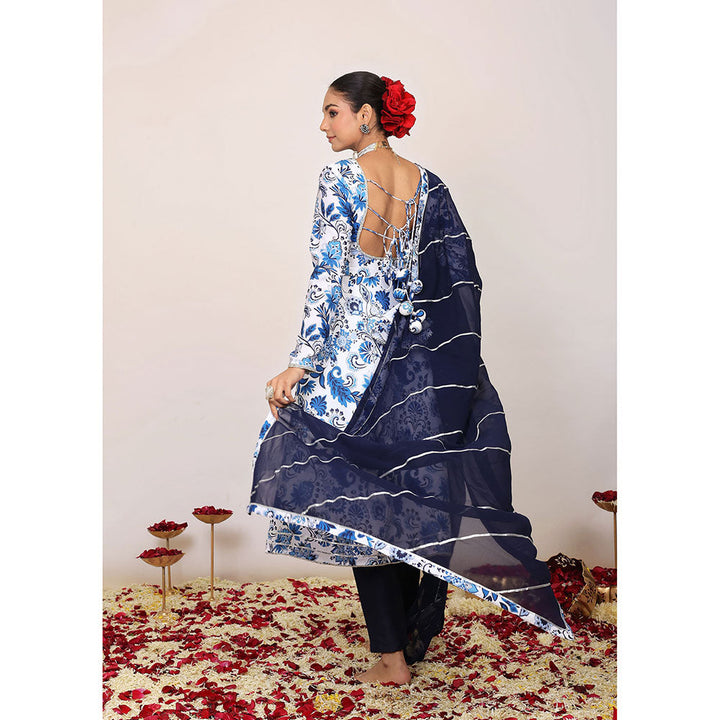 Kaori By Shreya Blue & White Floral Anarkali Suit with Pant & Dark Blue Dupatta (Set of 3)