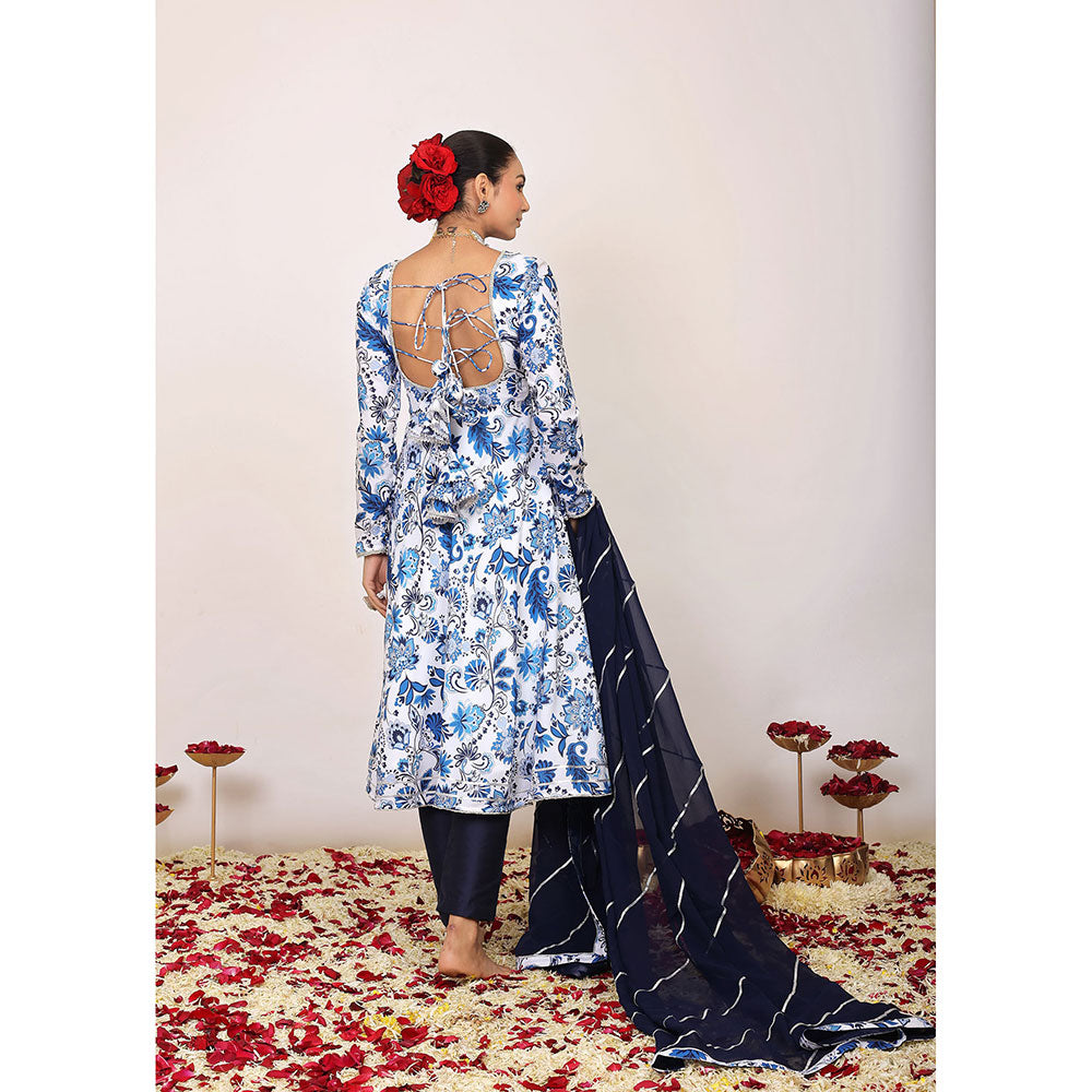 Kaori By Shreya Blue & White Floral Anarkali Suit with Pant & Dark Blue Dupatta (Set of 3)