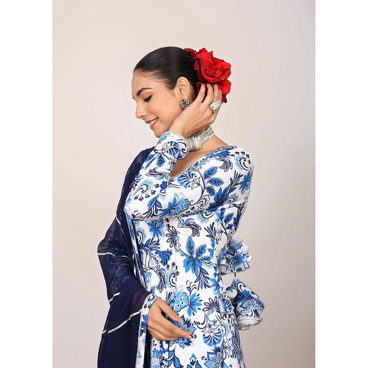 Kaori By Shreya Blue & White Floral Anarkali Suit with Pant & Dark Blue Dupatta (Set of 3)