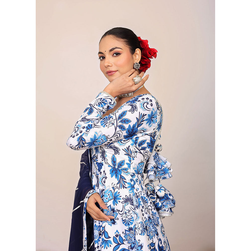 Kaori By Shreya Blue & White Floral Anarkali Suit with Pant & Dark Blue Dupatta (Set of 3)