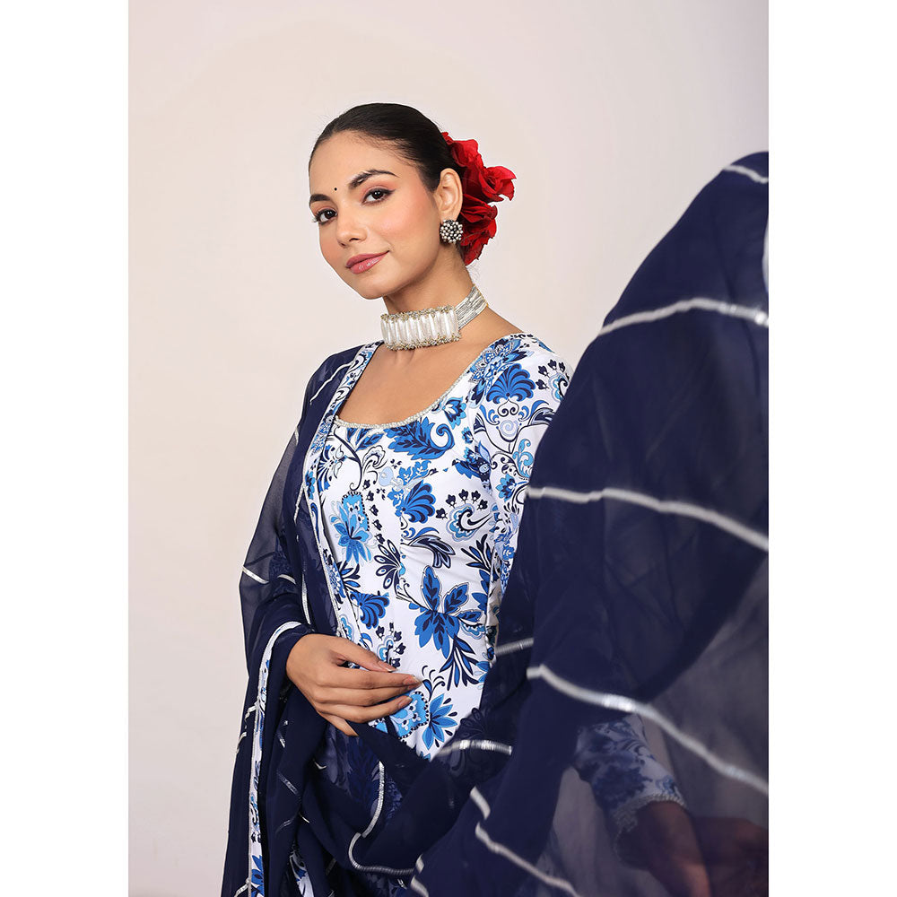 Kaori By Shreya Blue & White Floral Anarkali Suit with Pant & Dark Blue Dupatta (Set of 3)