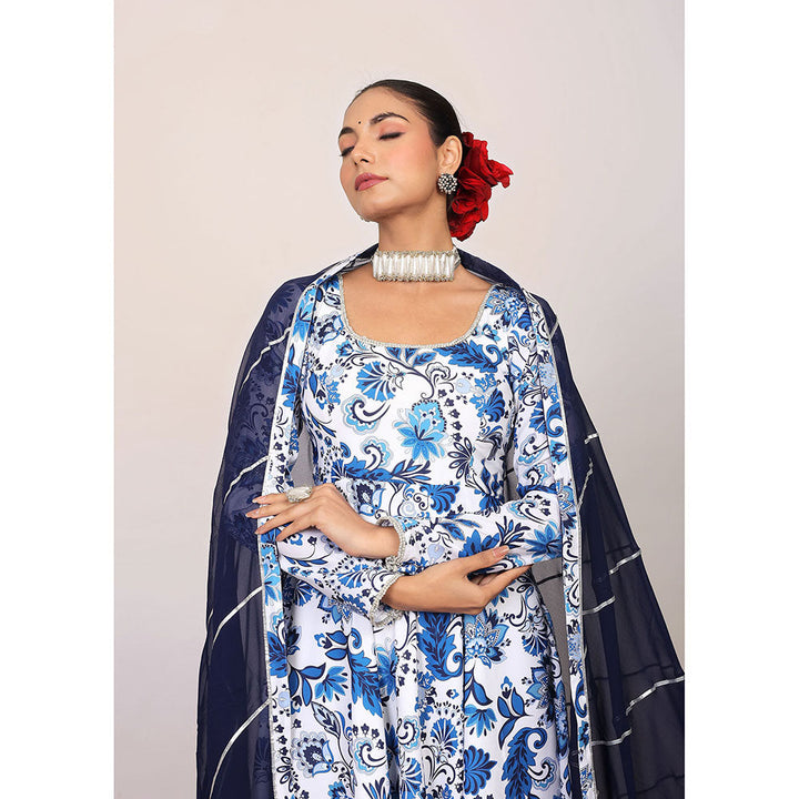 Kaori By Shreya Blue & White Floral Anarkali Suit with Pant & Dark Blue Dupatta (Set of 3)