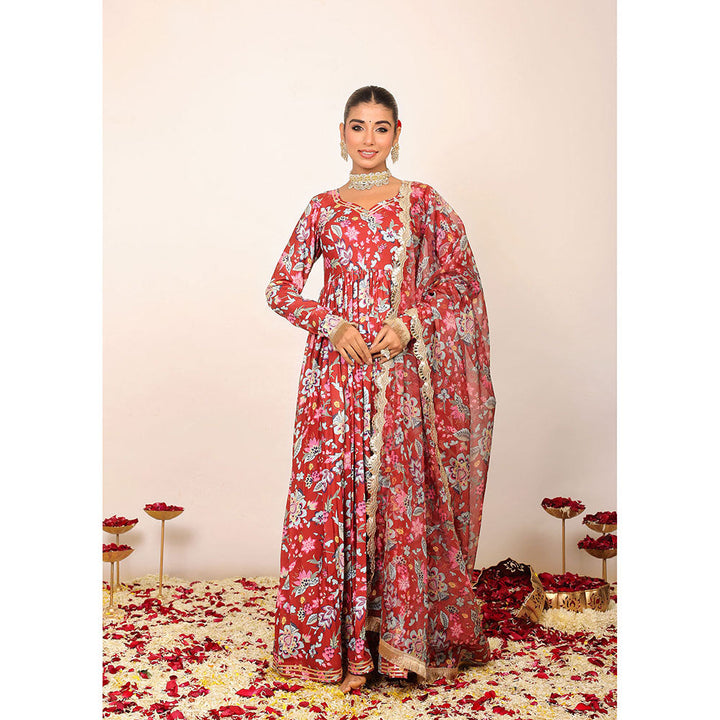 Kaori By Shreya Red Floral Anarkali Kurta with Dupatta (Set of 2)