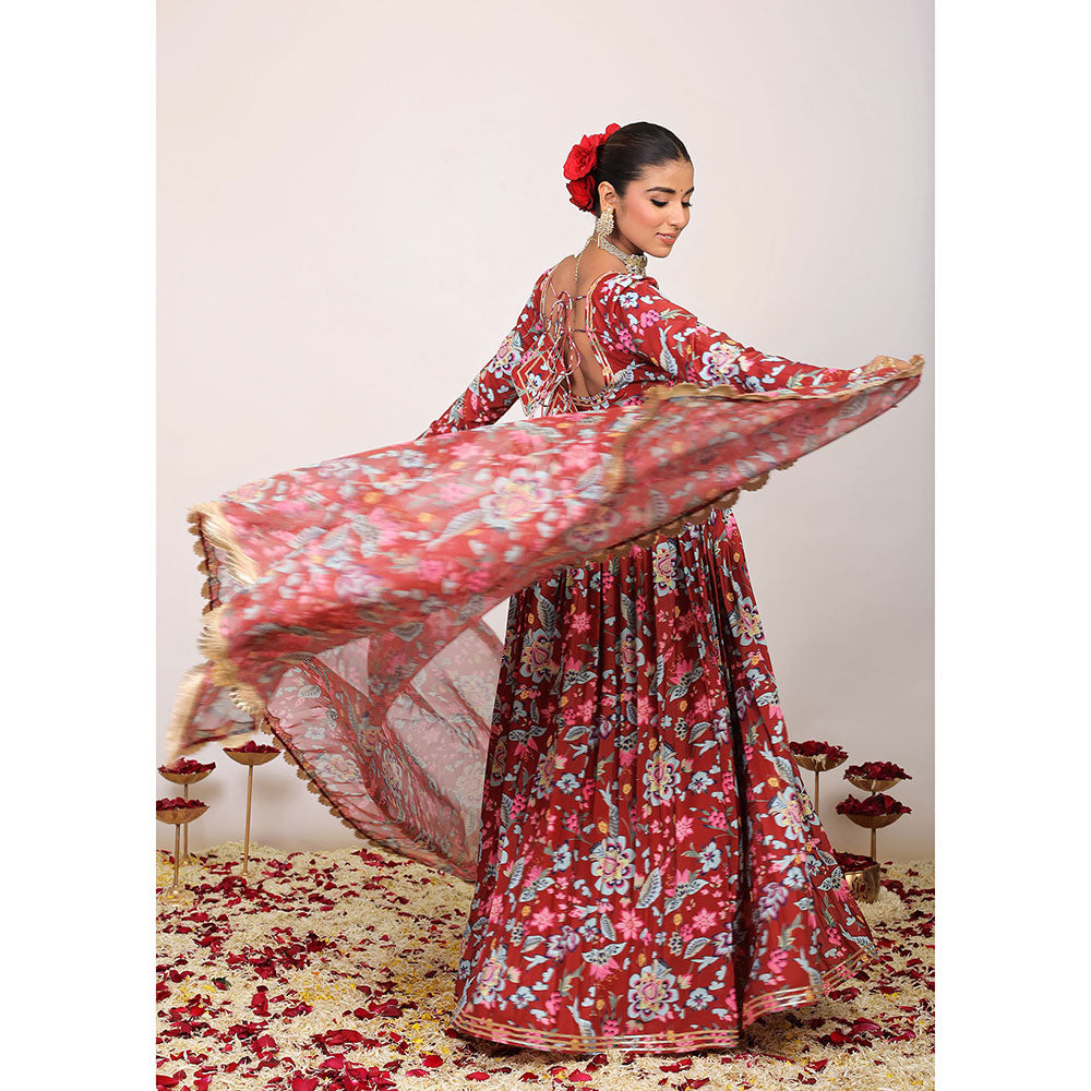 Kaori By Shreya Red Floral Anarkali Kurta with Dupatta (Set of 2)