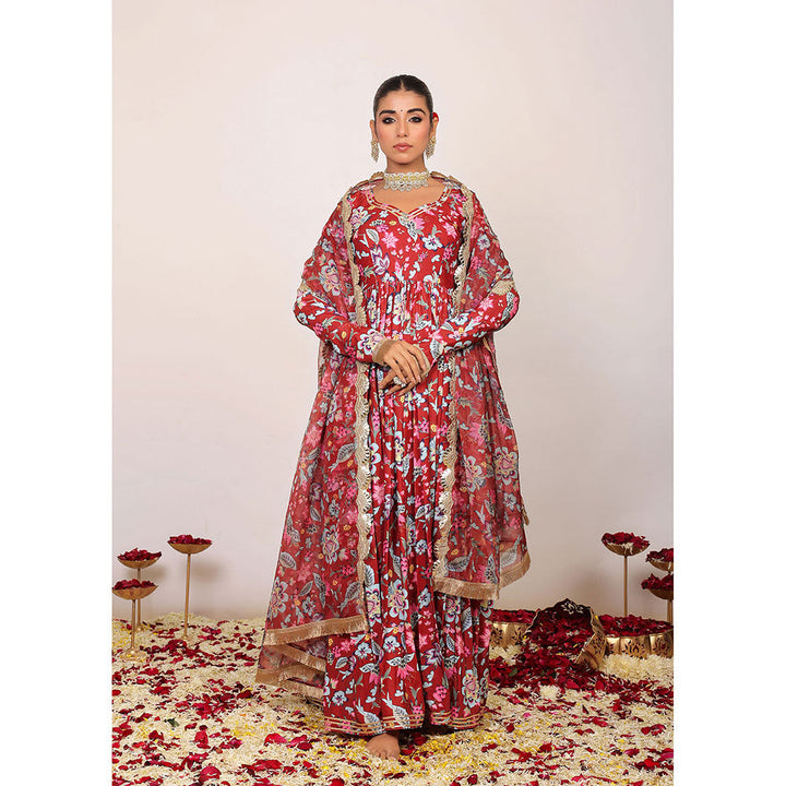 Kaori By Shreya Red Floral Anarkali Kurta with Dupatta (Set of 2)