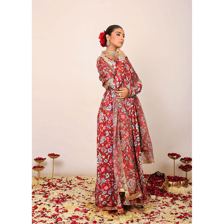 Kaori By Shreya Red Floral Anarkali Kurta with Dupatta (Set of 2)