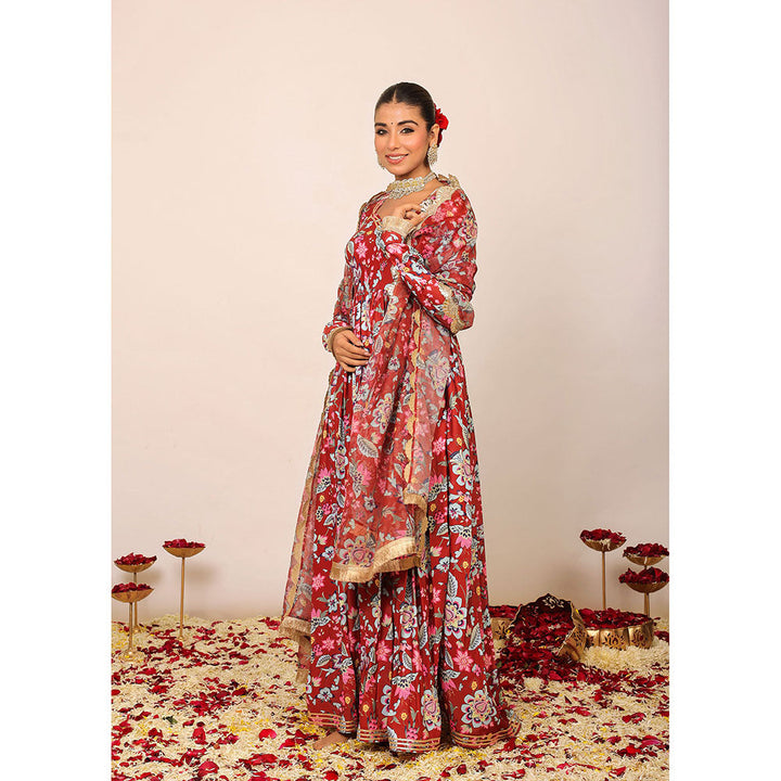 Kaori By Shreya Red Floral Anarkali Kurta with Dupatta (Set of 2)