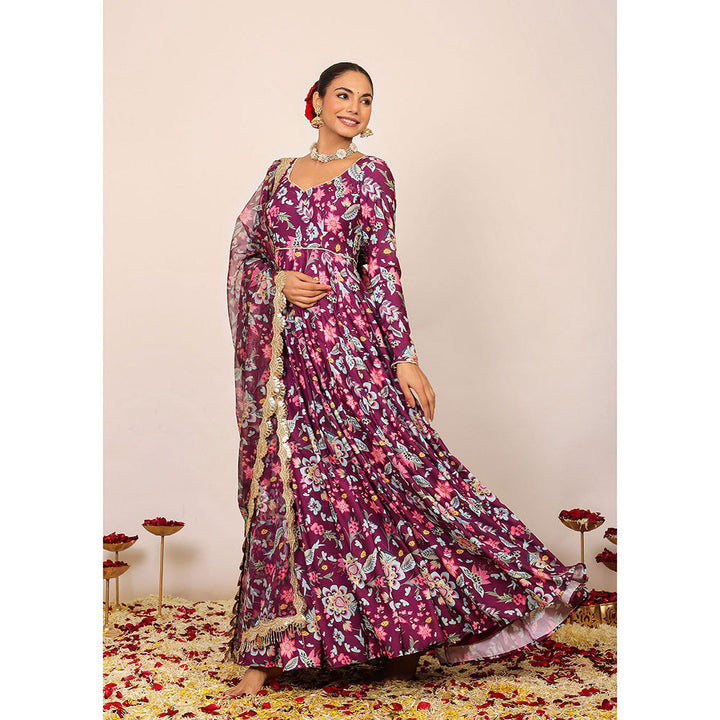 Kaori By Shreya Purple Floral Anarkali Kurta with Dupatta (Set of 2)