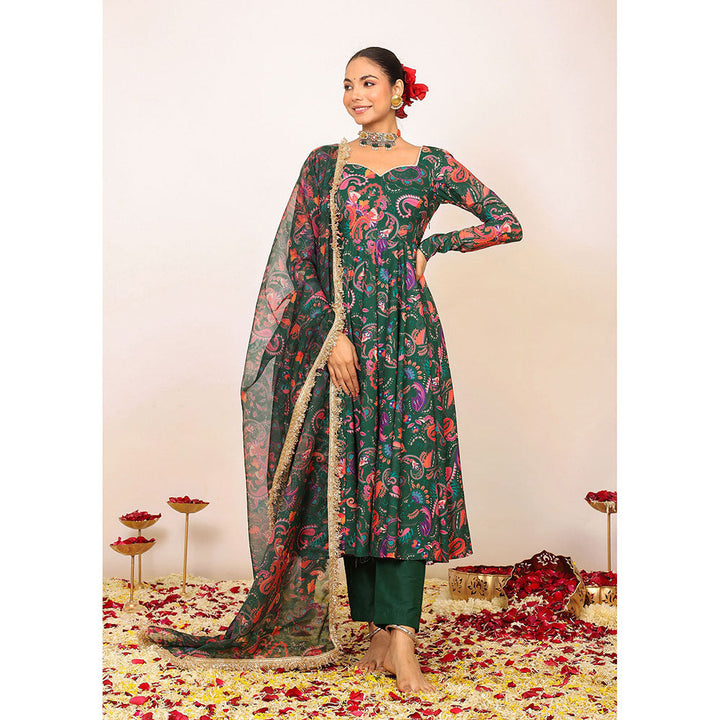 Kaori By Shreya Green & Pink Floral Anarkali Suit with Pant & Dupatta (Set of 3)