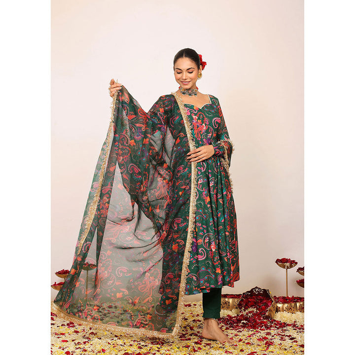 Kaori By Shreya Green & Pink Floral Anarkali Suit with Pant & Dupatta (Set of 3)