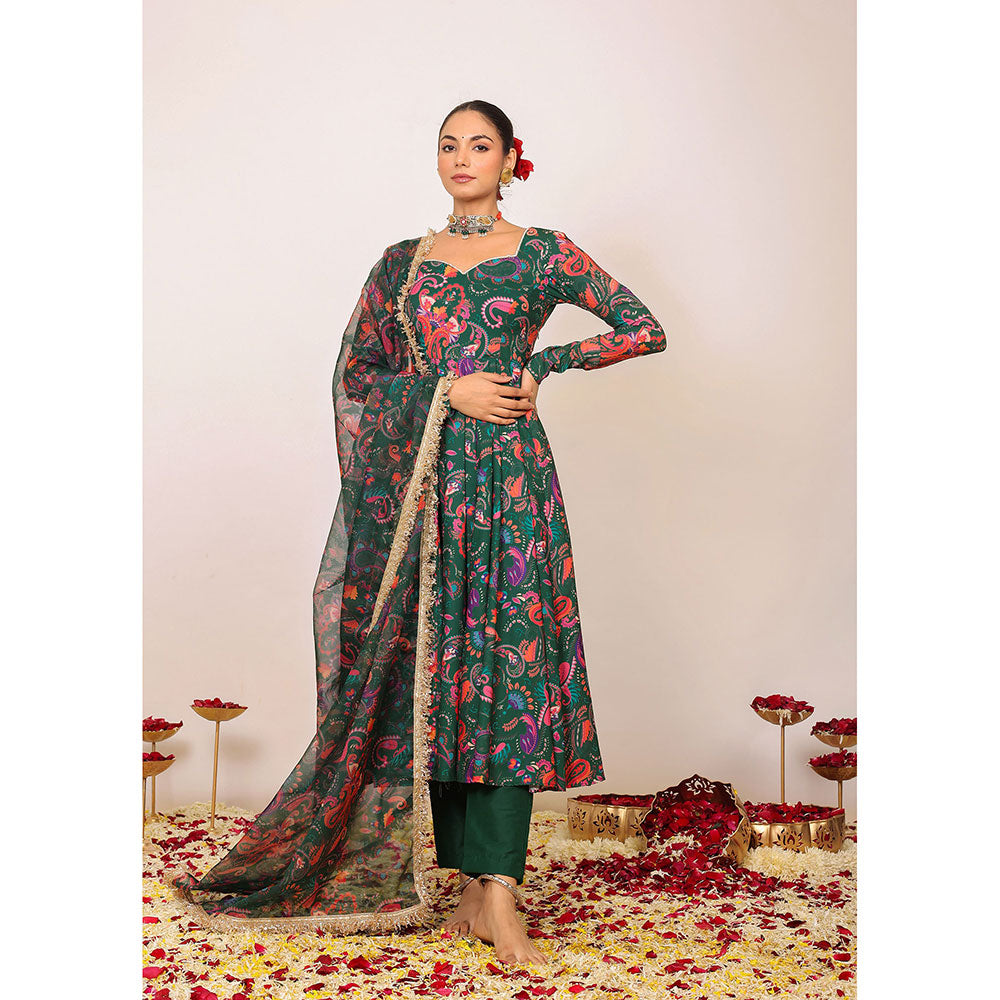 Kaori By Shreya Green & Pink Floral Anarkali Suit with Pant & Dupatta (Set of 3)