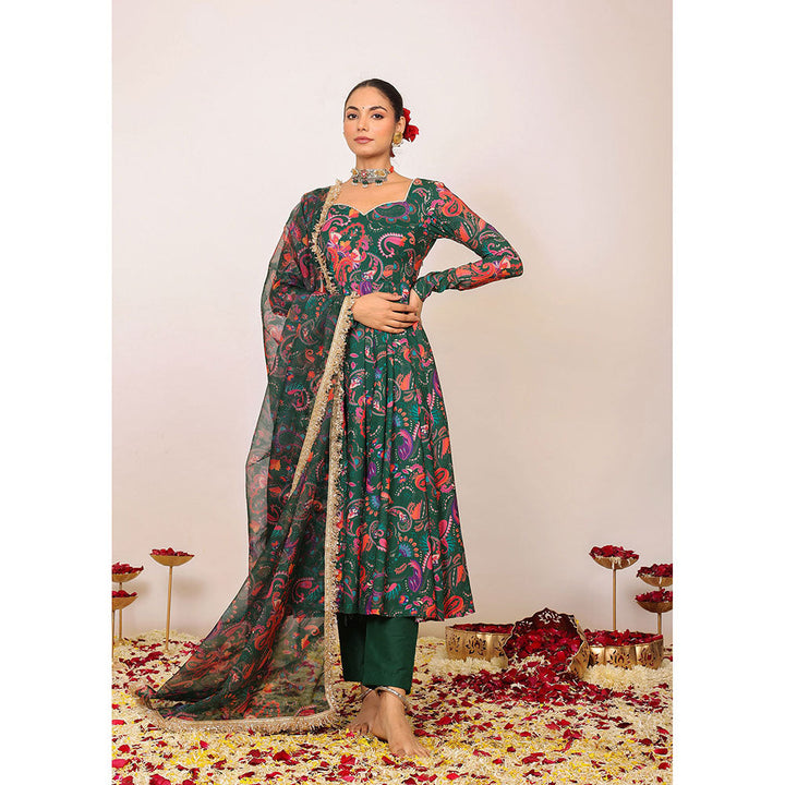 Kaori By Shreya Green & Pink Floral Anarkali Suit with Pant & Dupatta (Set of 3)