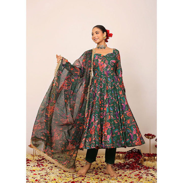 Kaori By Shreya Green & Pink Floral Anarkali Suit with Pant & Dupatta (Set of 3)