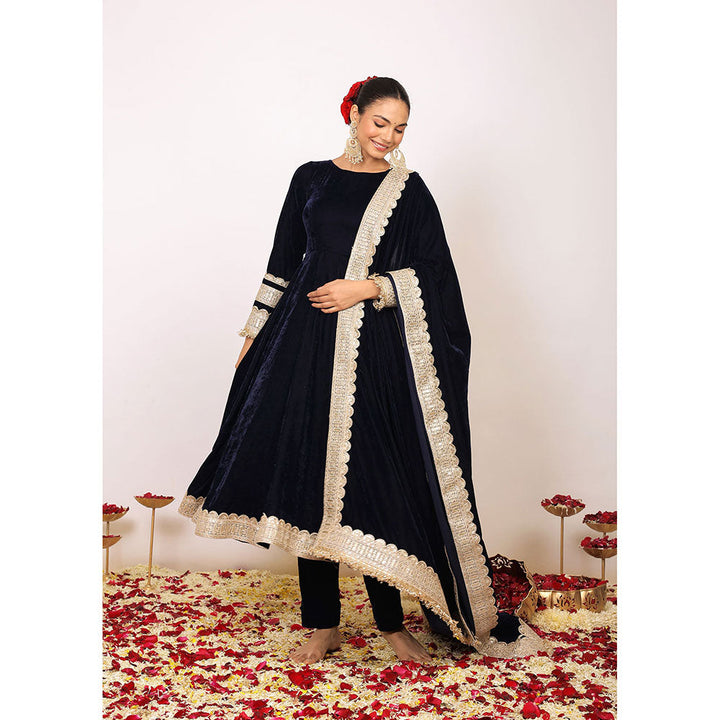 Kaori By Shreya Solid Navy Blue Velvet Anarkali Kurta with Pant & Dupatta (Set of 3)