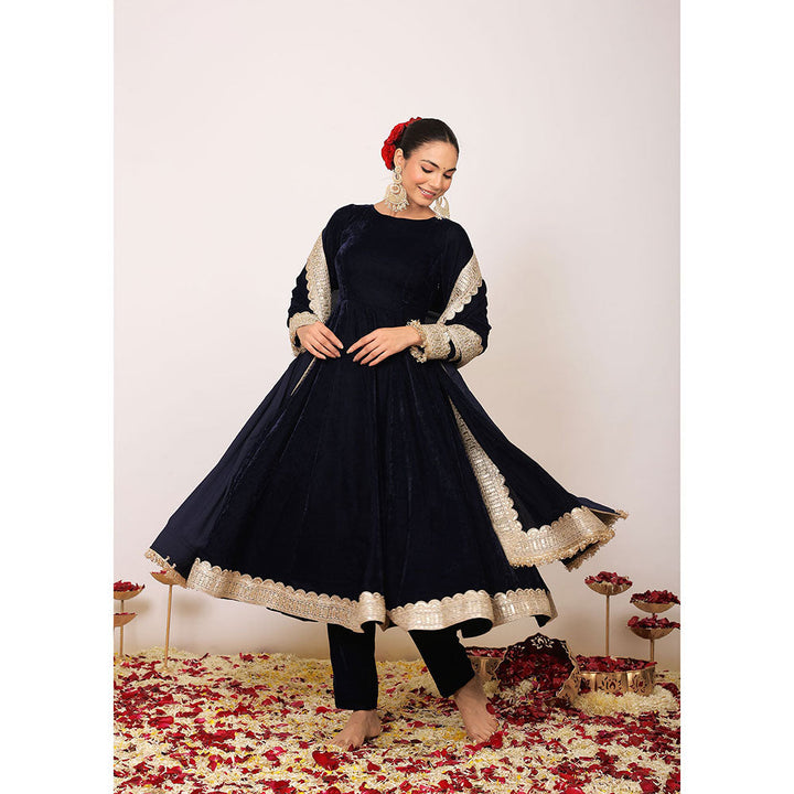 Kaori By Shreya Solid Navy Blue Velvet Anarkali Kurta with Pant & Dupatta (Set of 3)