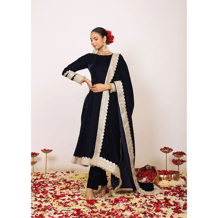 Kaori By Shreya Solid Navy Blue Velvet Anarkali Kurta with Pant & Dupatta (Set of 3)