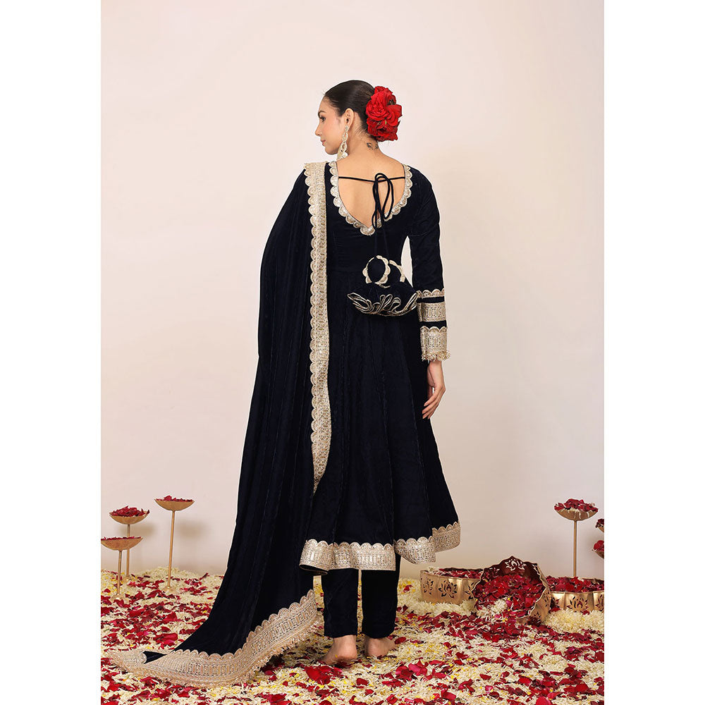 Kaori By Shreya Solid Navy Blue Velvet Anarkali Kurta with Pant & Dupatta (Set of 3)