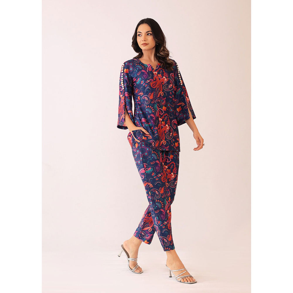 Kaori By Shreya Blue and Pink Printed Relaxed Co-ords Top and Pant with 2 Pockets (Set of 2)