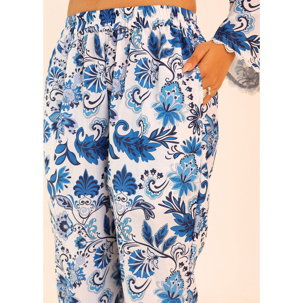 Kaori By Shreya Blue and White Floral Printed Co-ords Relaxed Top and Pant (Set of 2)