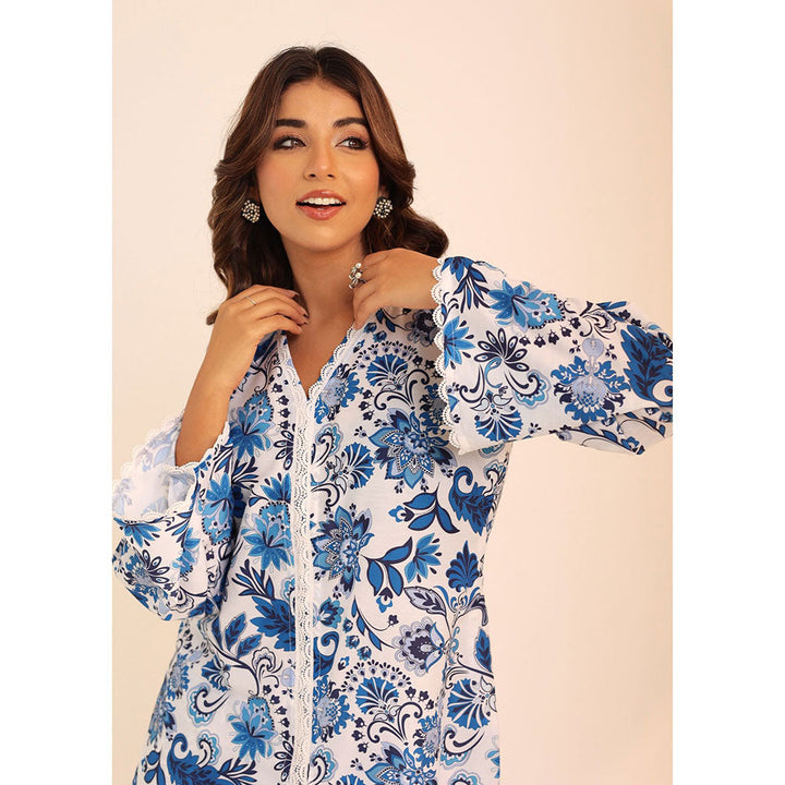 Kaori By Shreya Blue and White Floral Printed Co-ords Relaxed Top and Pant (Set of 2)